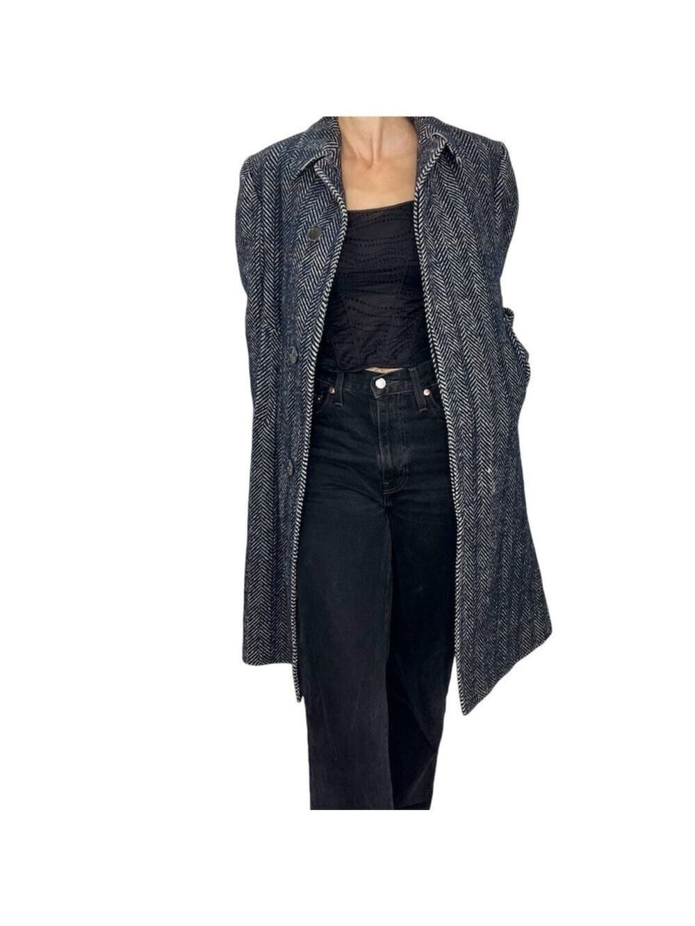 Vintage blue white tailored tweed lined wool over coat